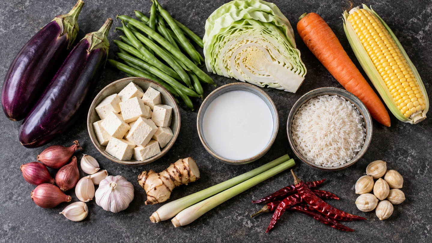 Zelenina, tofu, kokosové mléko a koření na Sayur Lodeh