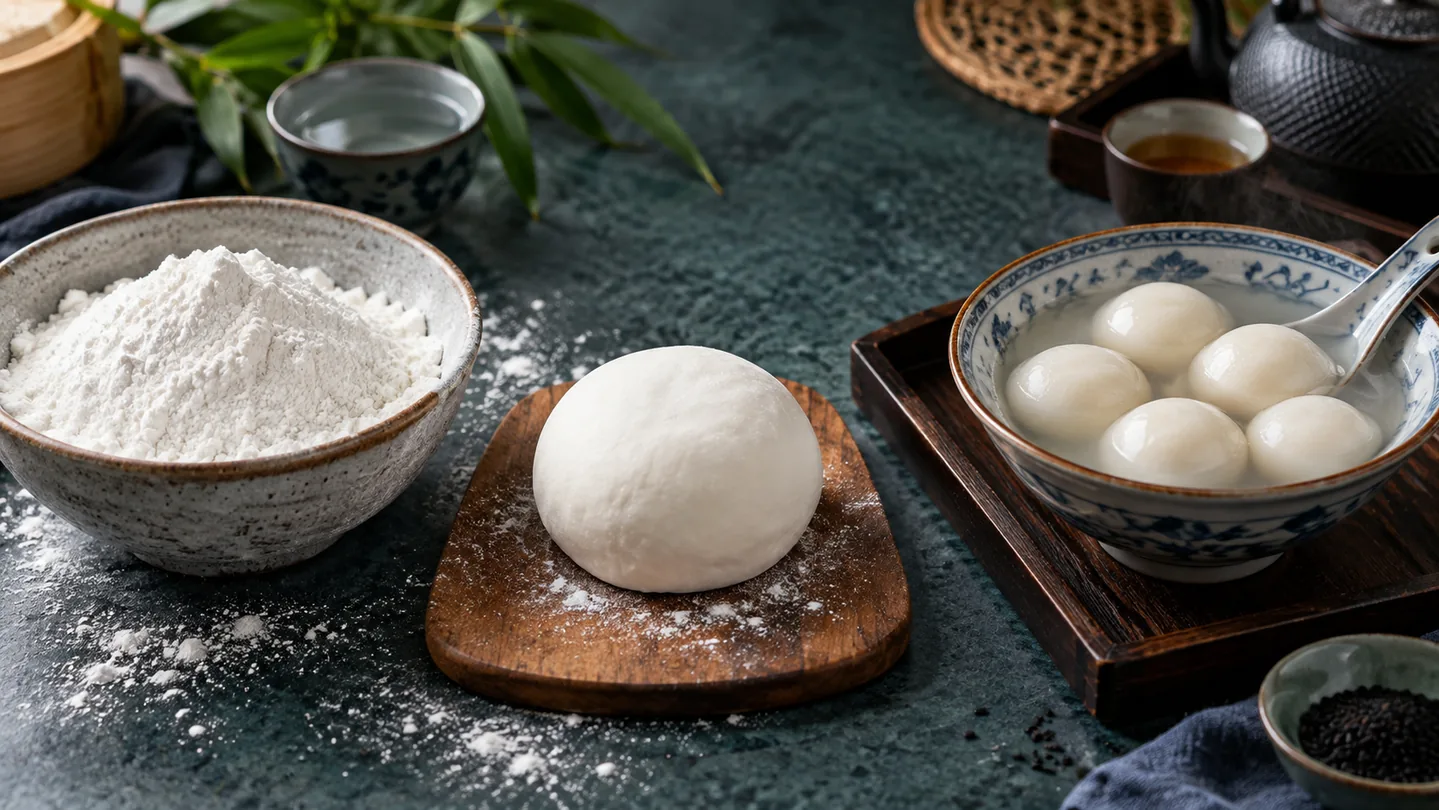 Mouka z lepkavé rýže, hladké těsto a hotové tangyuan