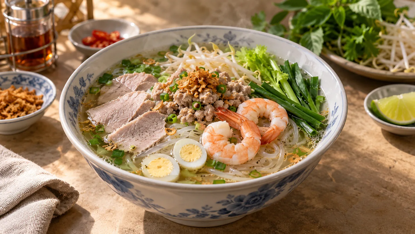 Polévka Hủ Tiếu Nam Vang s vepřovým masem, krevetami a křepelčími vejci