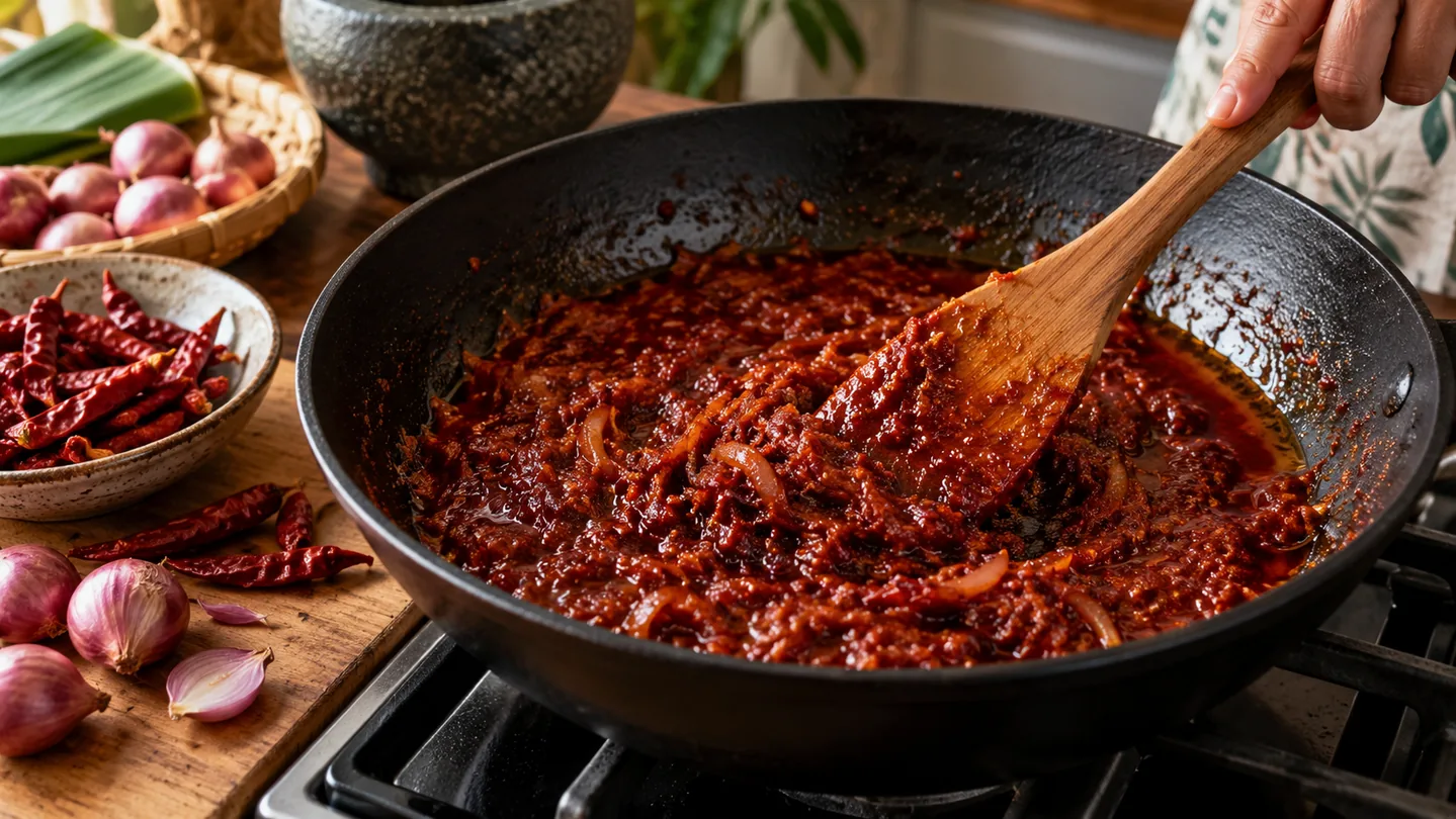 Pomalu vařený lesklý sambal k nasi lemak