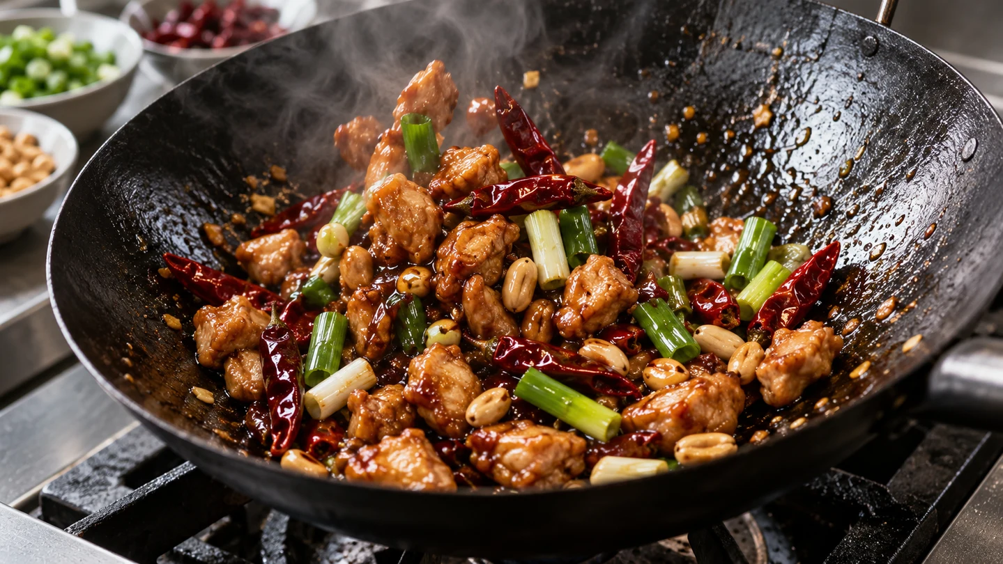 Kung Pao kuře dokončované ve woku