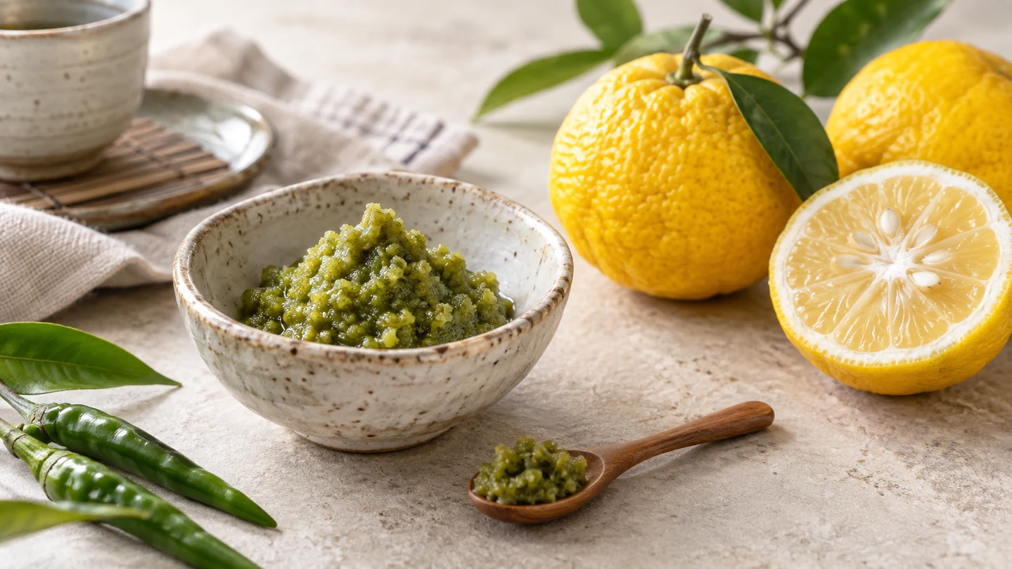 Zelená yuzu pasta, čerstvé yuzu a zelené chilli v japonském stolování