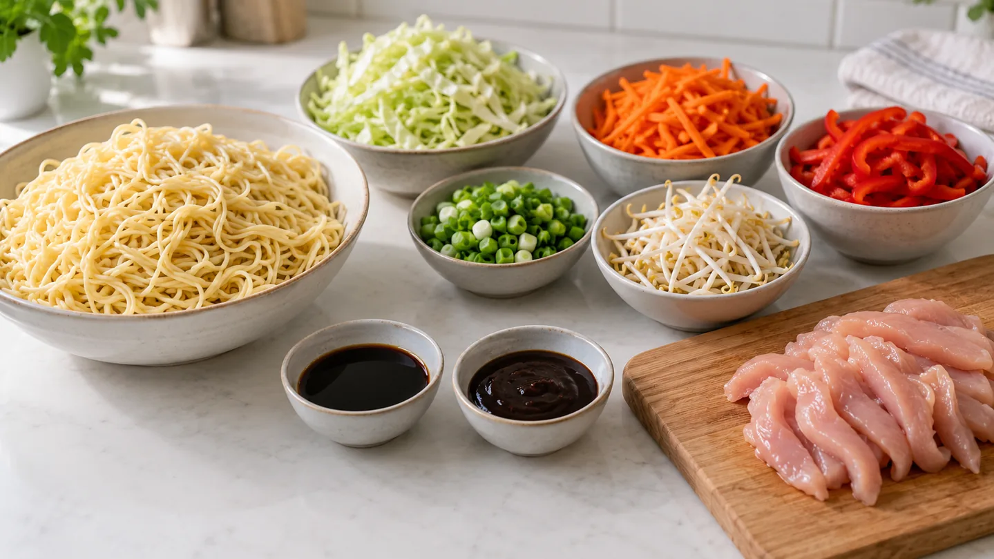 Připravené nudle, kuřecí maso, zelenina a omáčky na Chow Mein