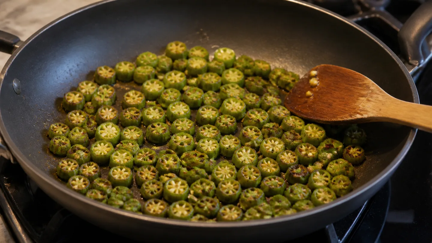 Správné opékání okry na Bhindi Masala
