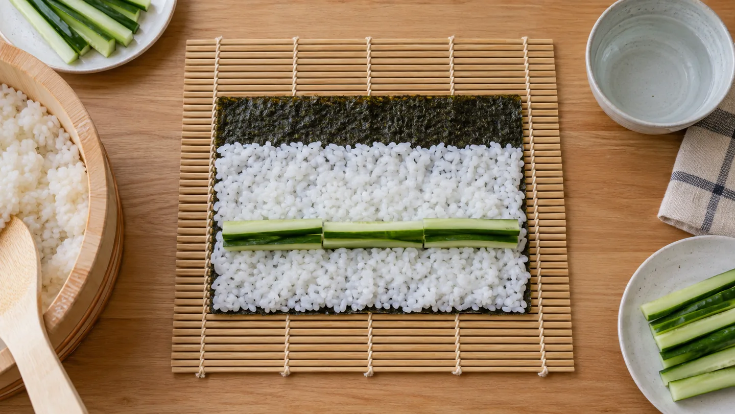 Tenká vrstva sushi rýže a okurka na nori před rolováním