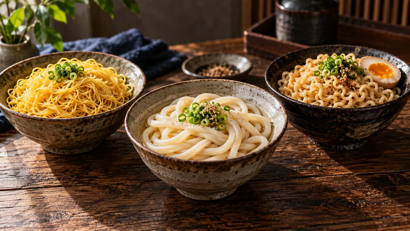 Tři misky různých pšeničných nudlí: kantonské, udon a ramen