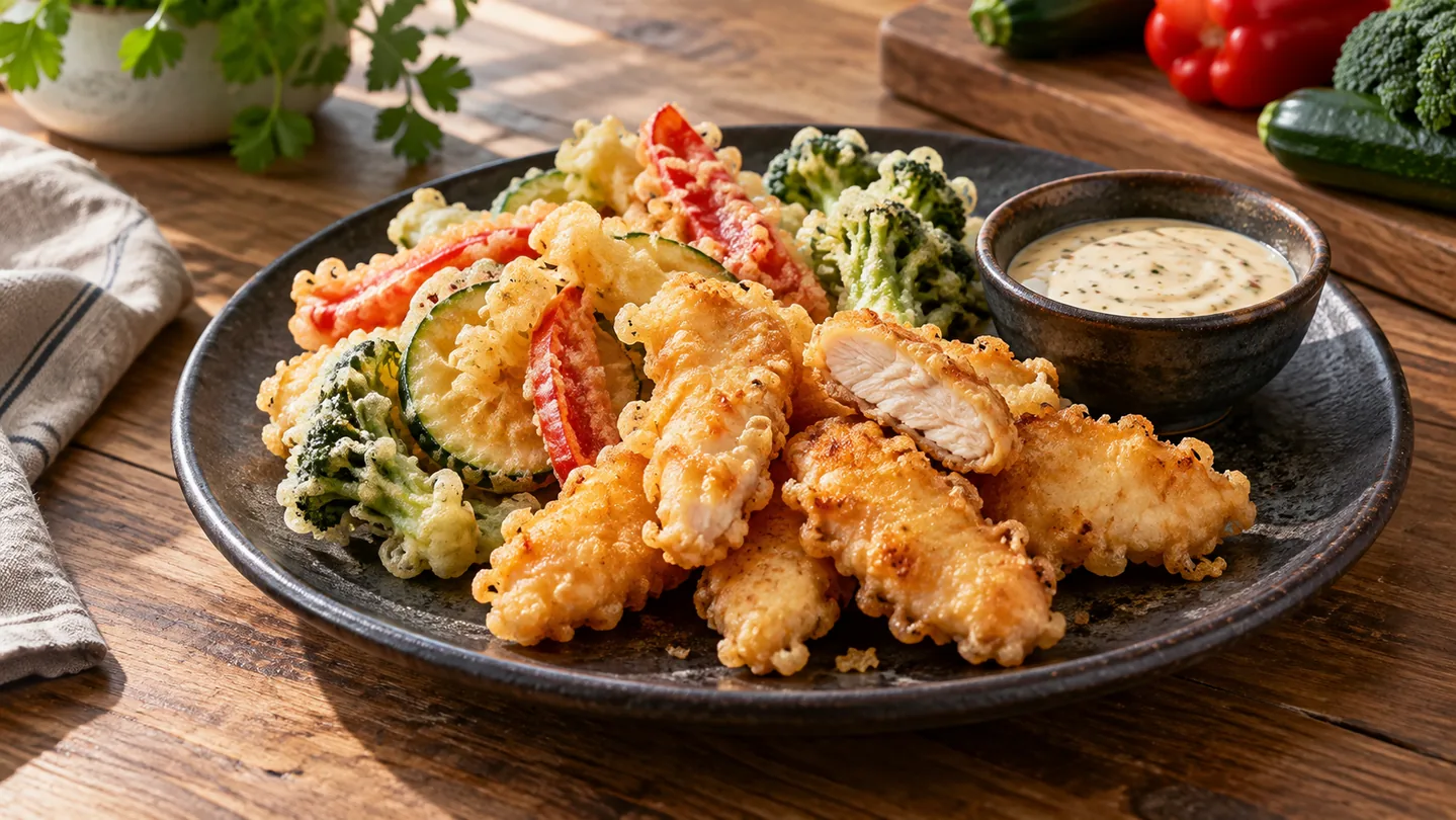 Kuřecí tempura se zeleninou a dipem