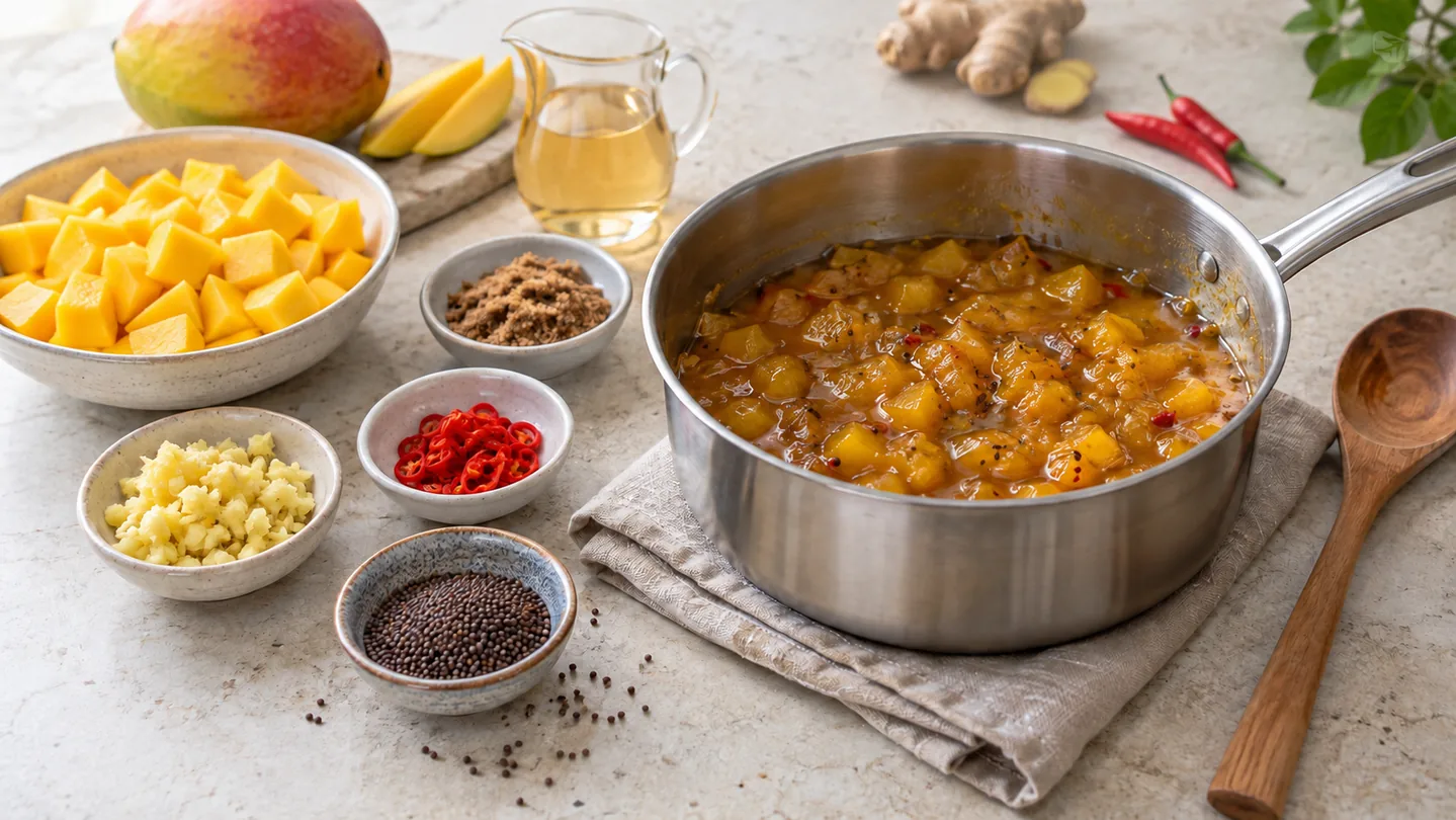 Příprava domácího mangového chutney v hrnci