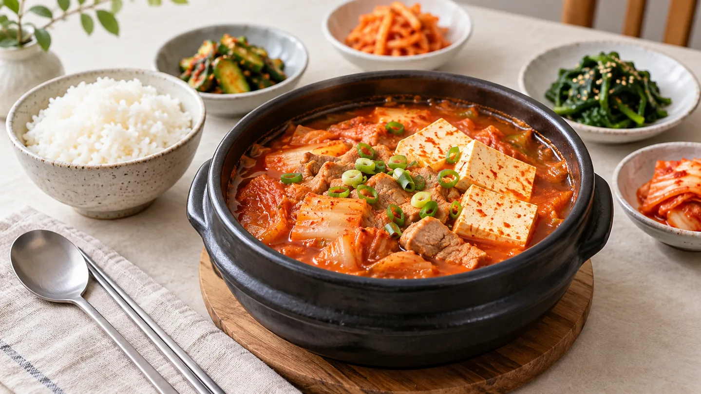 Servírované kimchi-jjigae s tofu, vepřovým a rýží