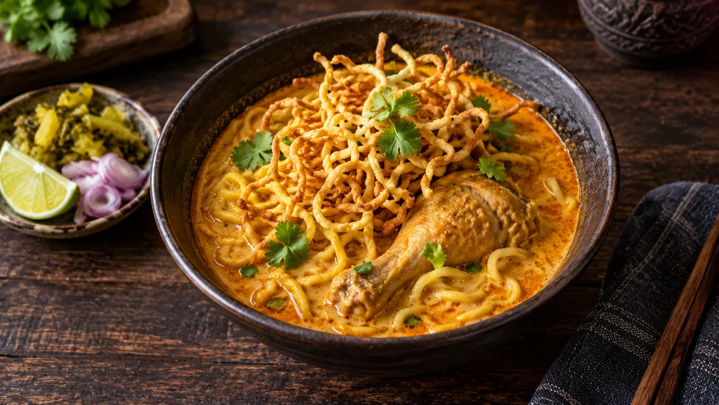 Khao Soi s kuřetem, kokosovým kari a křupavými nudlemi