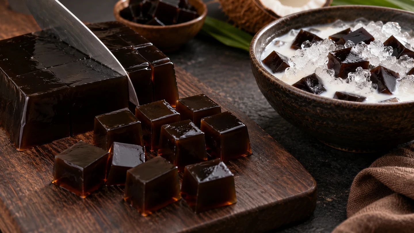 Krájení grass jelly na rovnoměrné kostky