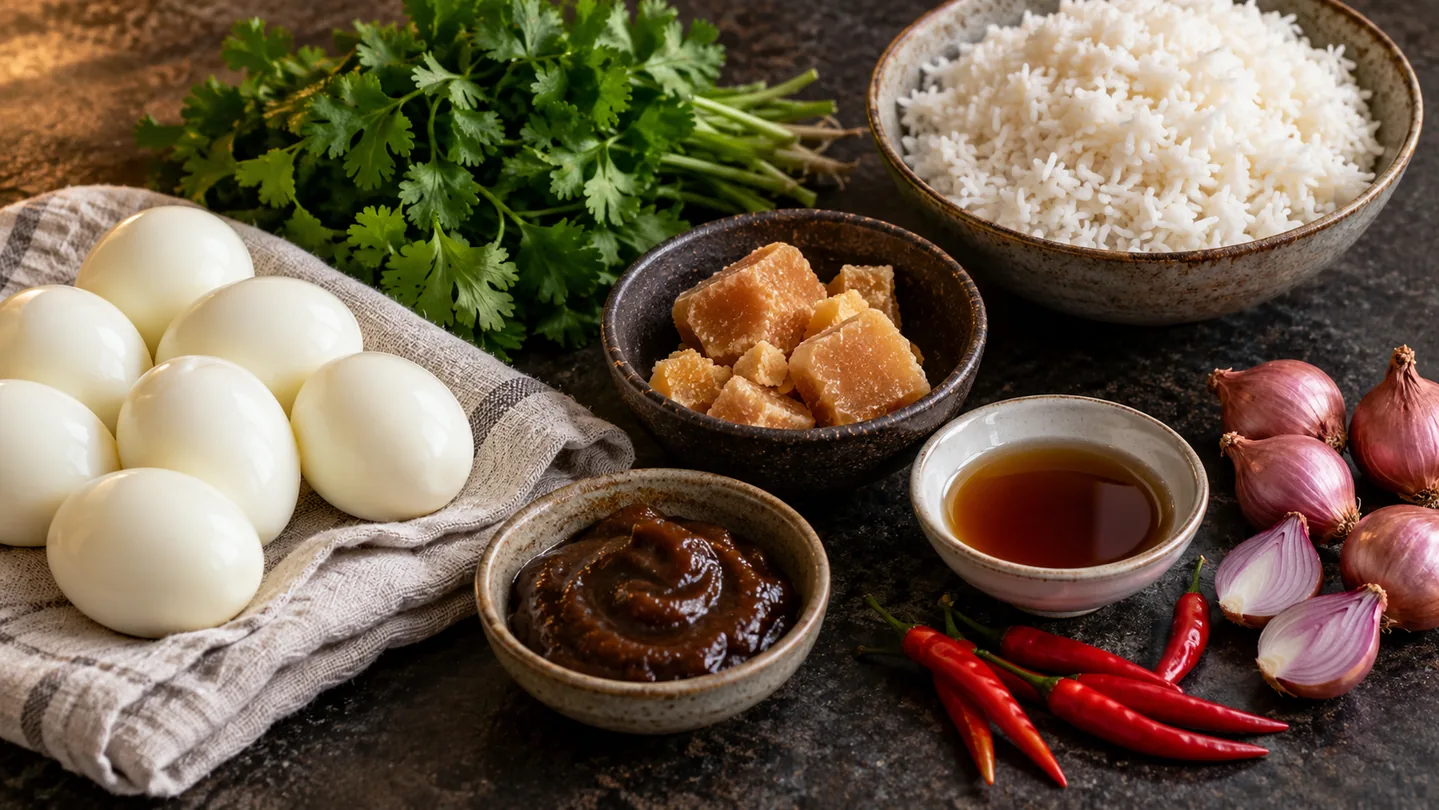 Vejce, tamarind, palmový cukr, rybí omáčka, šalotka, chilli, koriandr a rýže