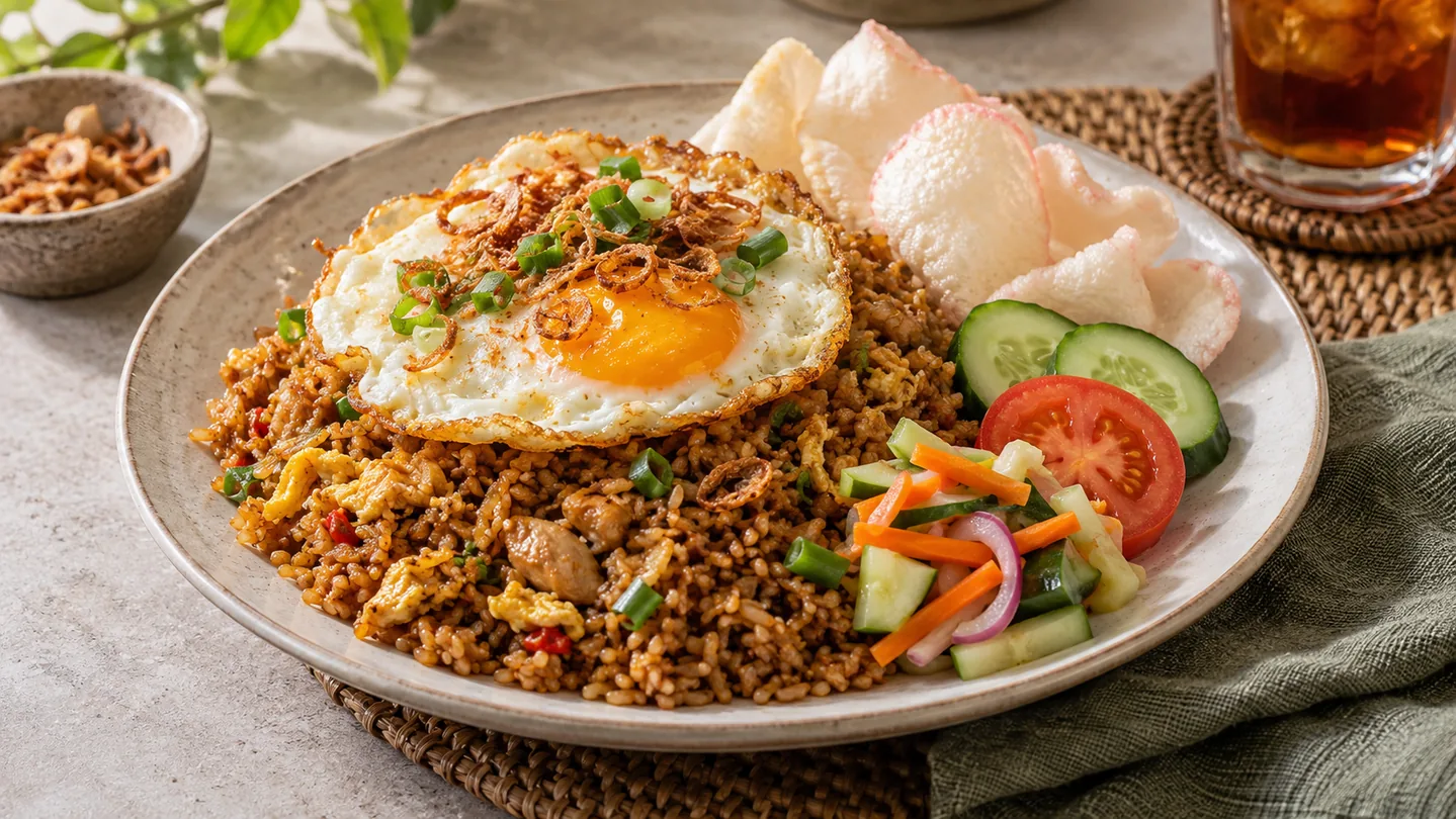 Hotové Nasi Goreng se sázeným vejcem, acarem a krekry