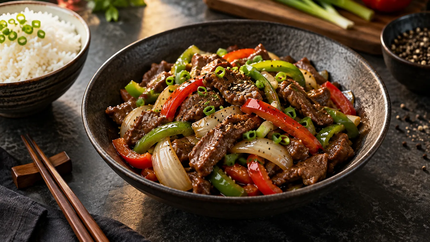 Hovězí Black Pepper Stir-Fry s paprikou, cibulí a jasmínovou rýží
