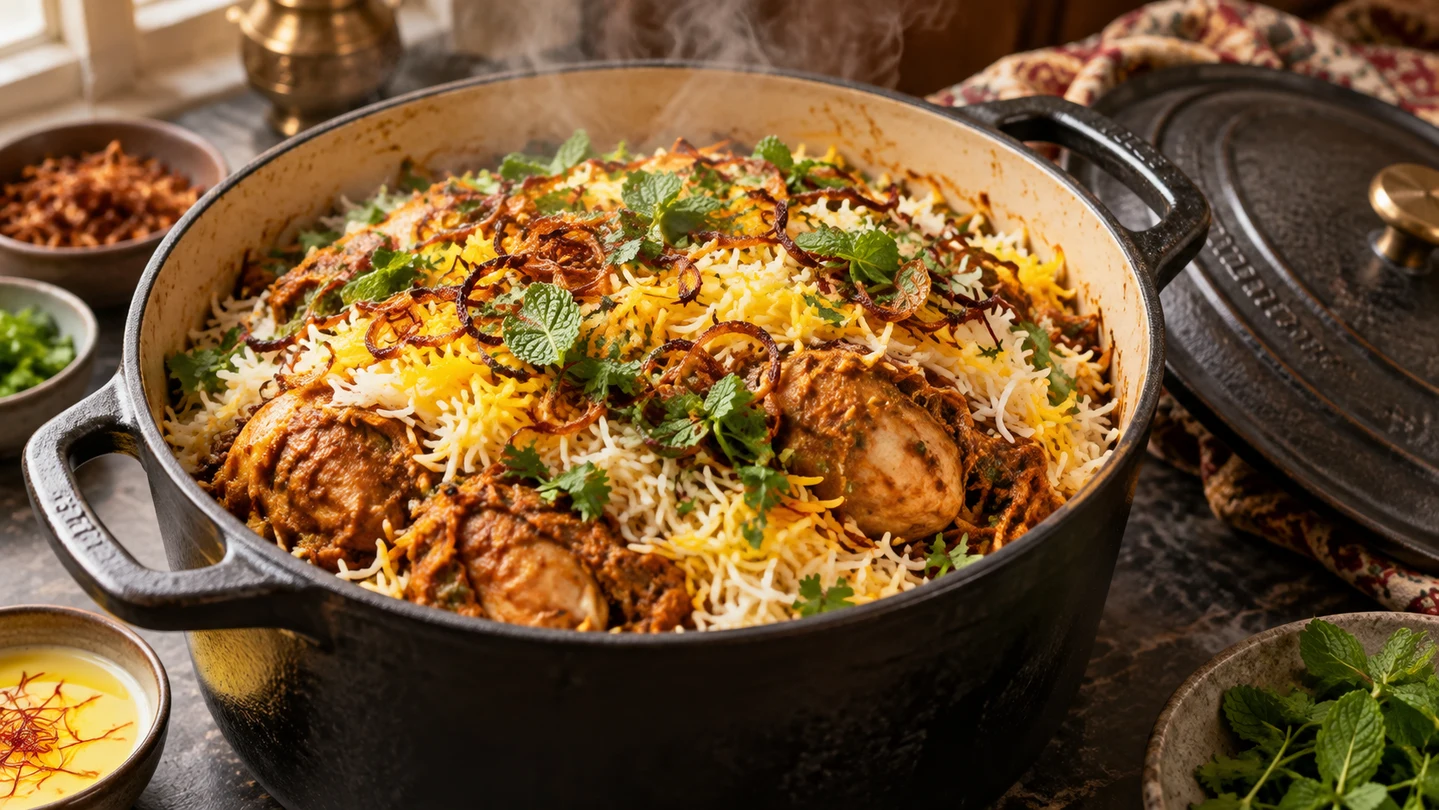 Vrstvení kuřecího Indian Biryani před dum vařením