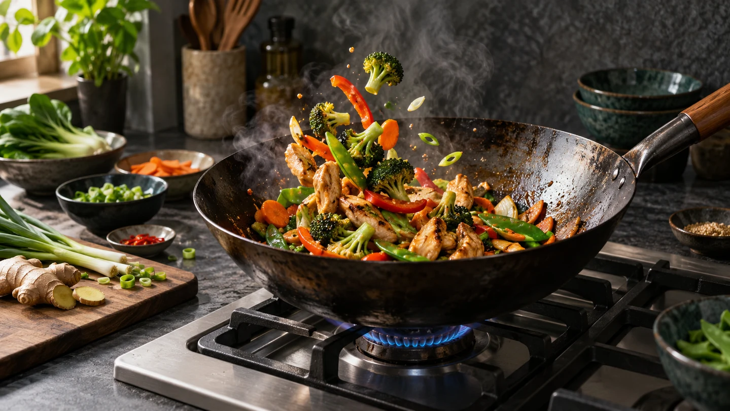Uhlíkový wok se zeleninovým stir-fry na plynovém sporáku