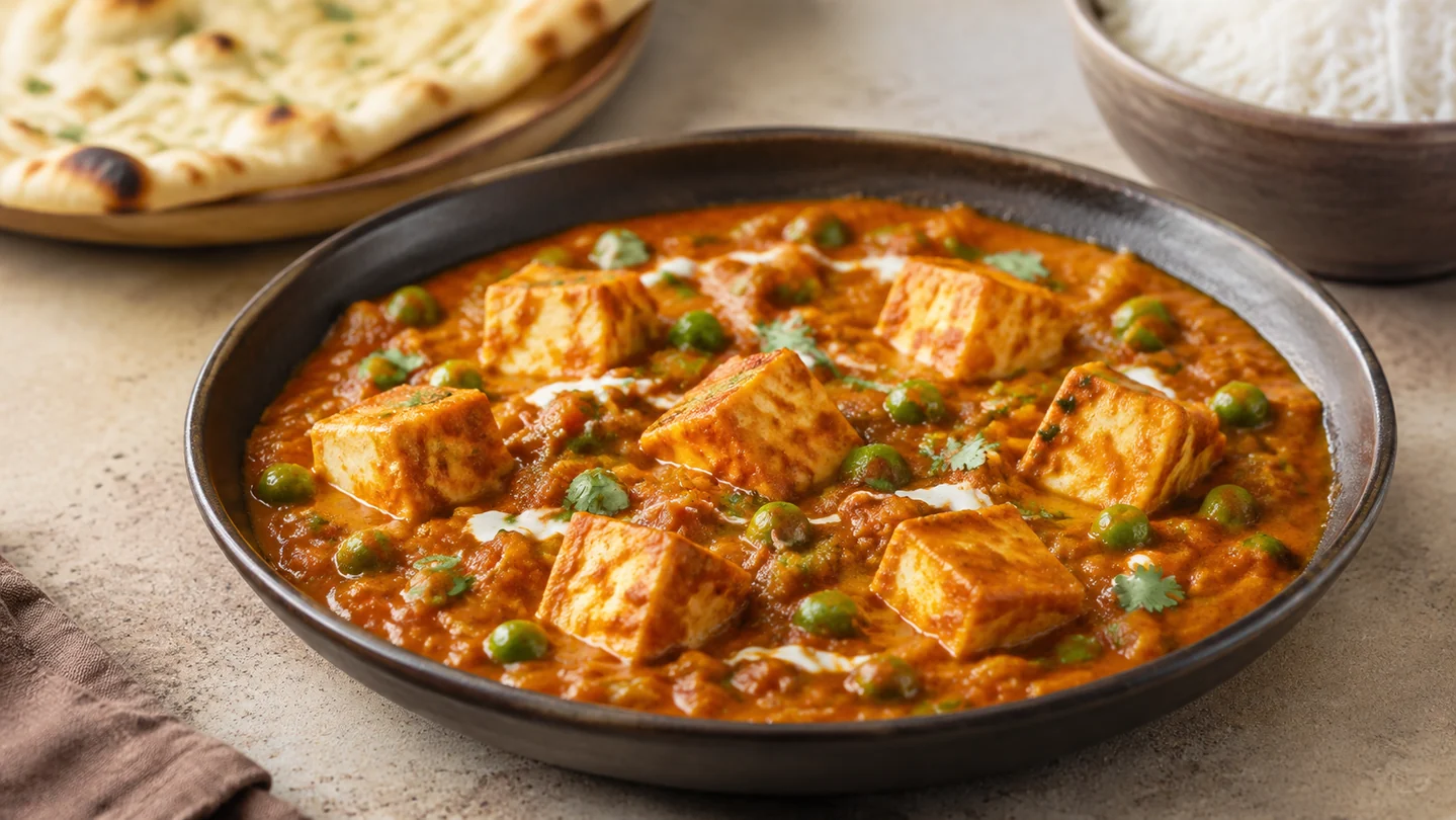Matar Paneer s měkkými kostkami paneeru a zeleným hráškem v rajčatové omáčce