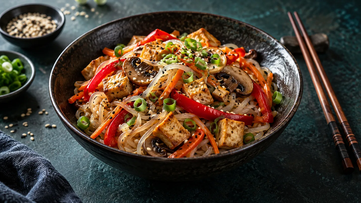 Shirataki nudle s opečeným tofu, houbami a zeleninou
