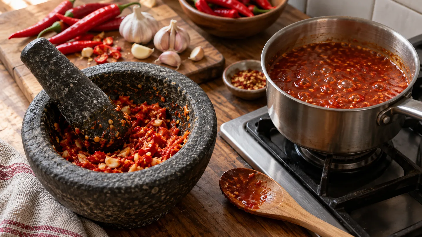 Mletí chilli a česneku v hmoždíři a vaření domácí chilli omáčky