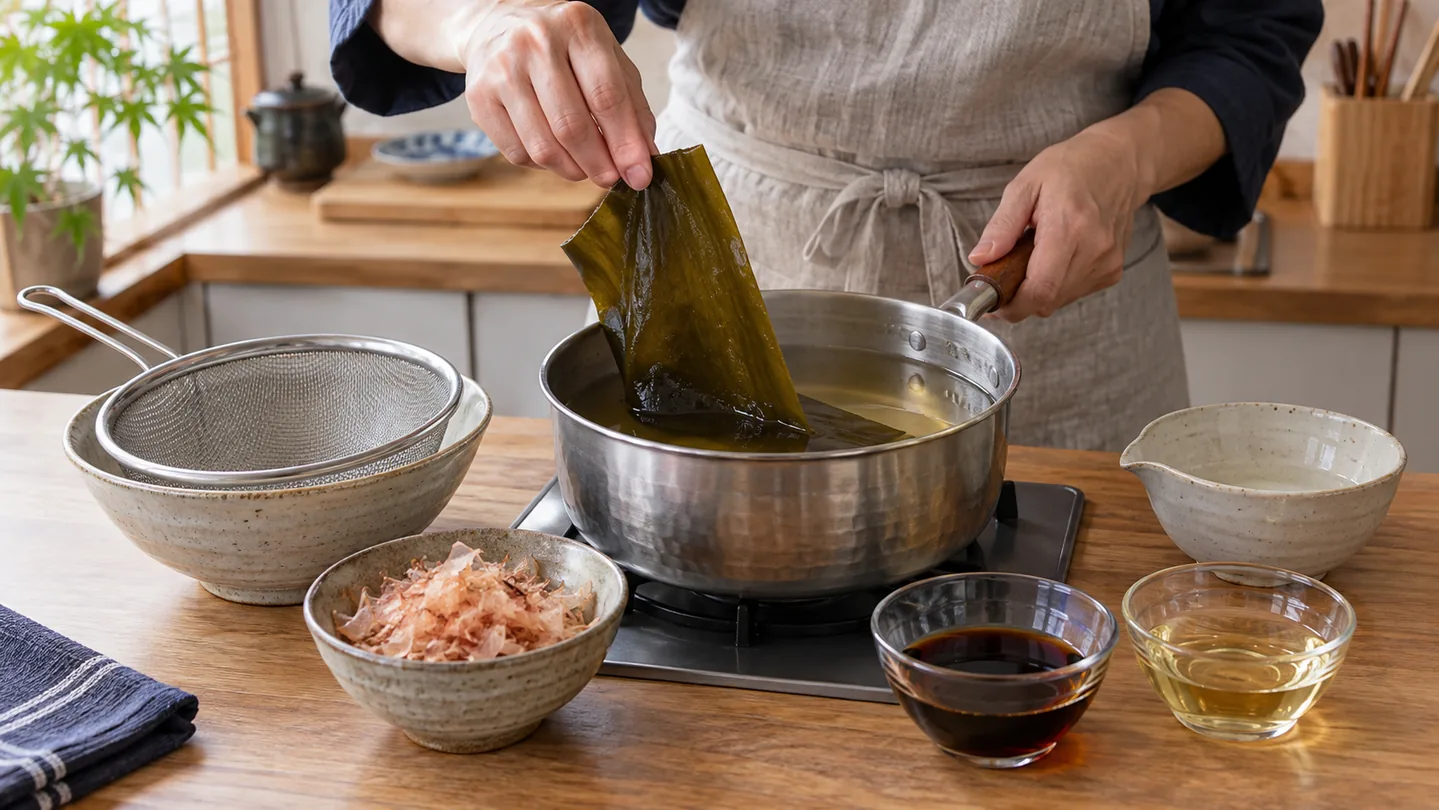 Příprava dashi pro domácí tsuyu z kombu a katsuobushi