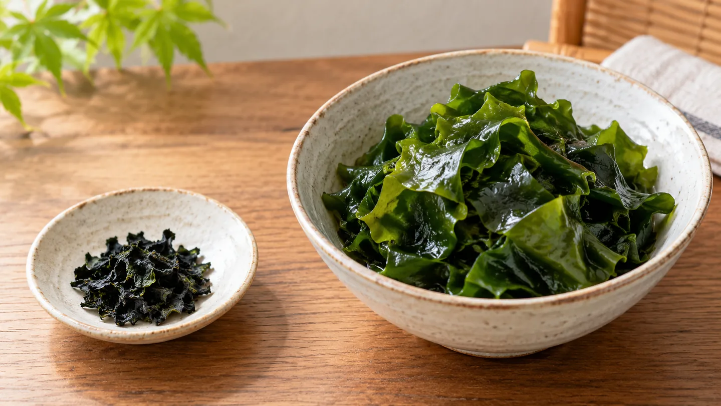 Malá porce suchého wakame vedle rehydratovaného wakame