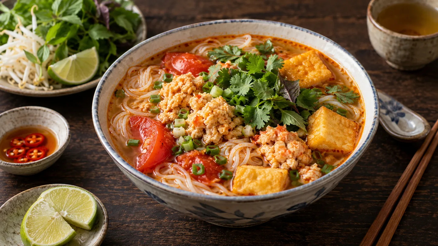 Vietnamská polévka Bún Riêu s rýžovými nudlemi, krabím riêu, tofu a rajčaty