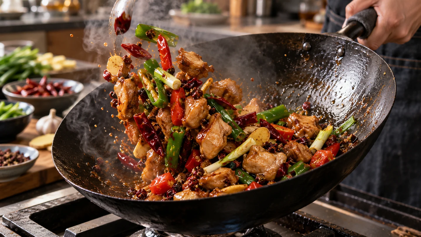 Sečuánské kuřecí stir-fry dokončované ve woku
