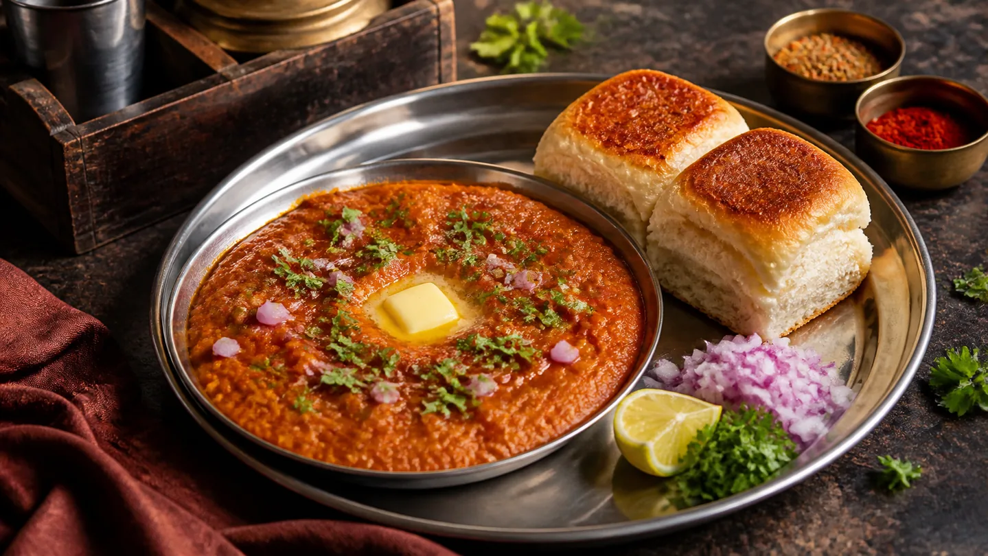 Bombay Pav Bhaji s máslem, cibulí, citronem a opečenými bulkami
