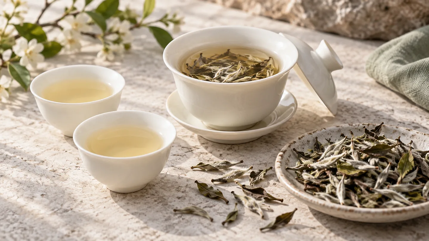 Bílý čaj, porcelánový gaiwan a stříbřité pupeny