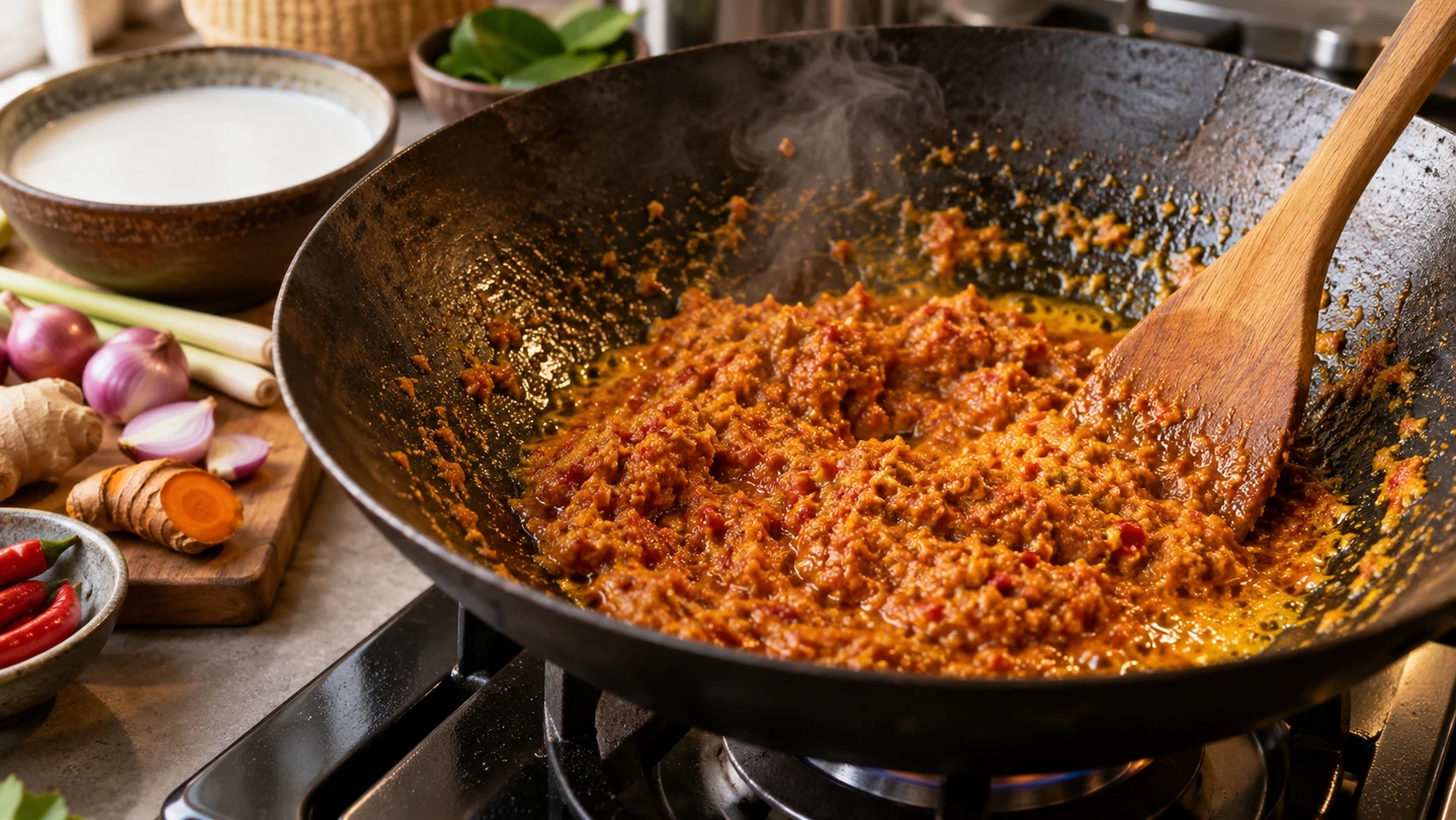 Pasta rempah smažená ve woku před přidáním kokosového mléka