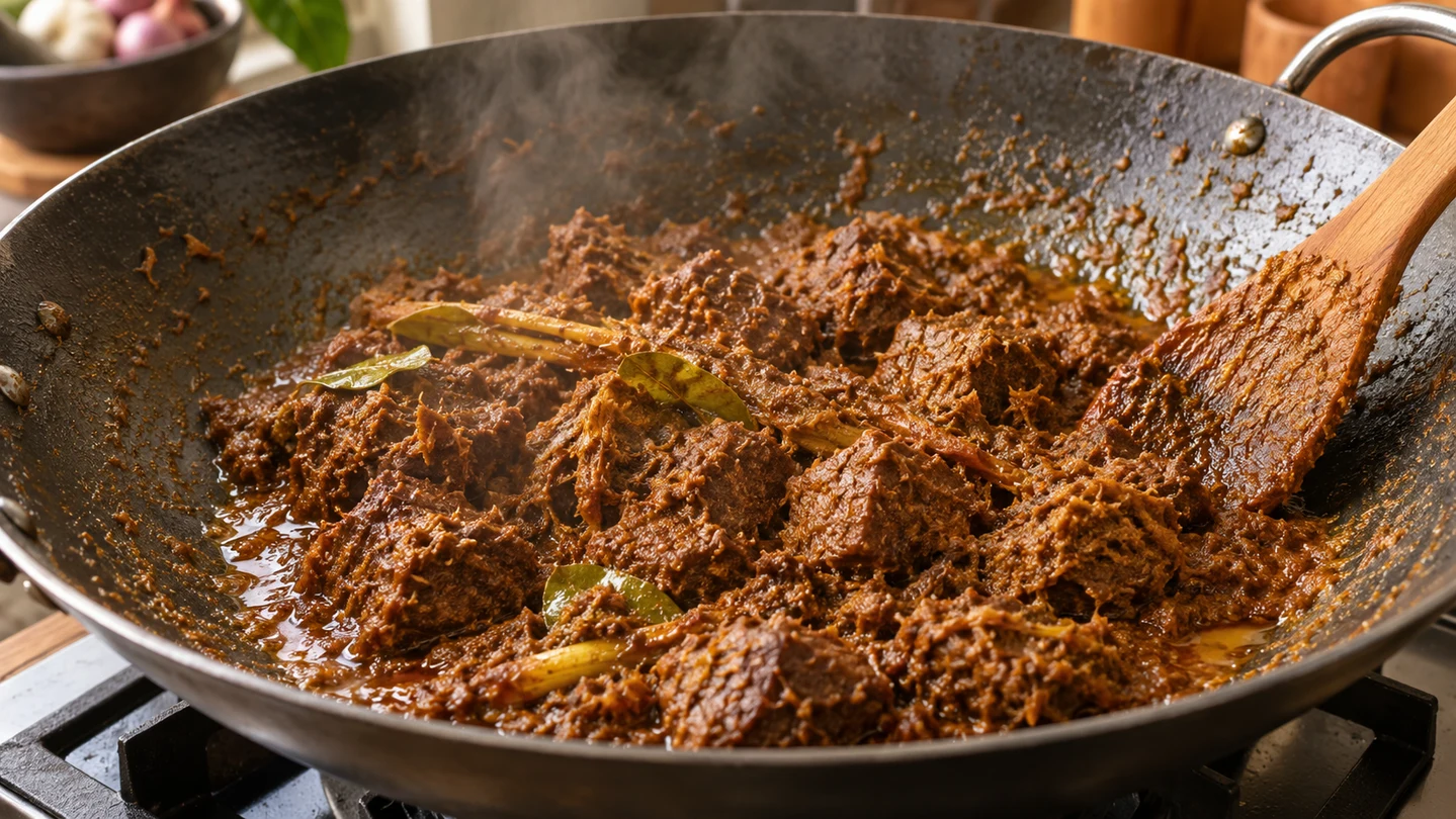 Hovězí rendang při závěrečné redukci