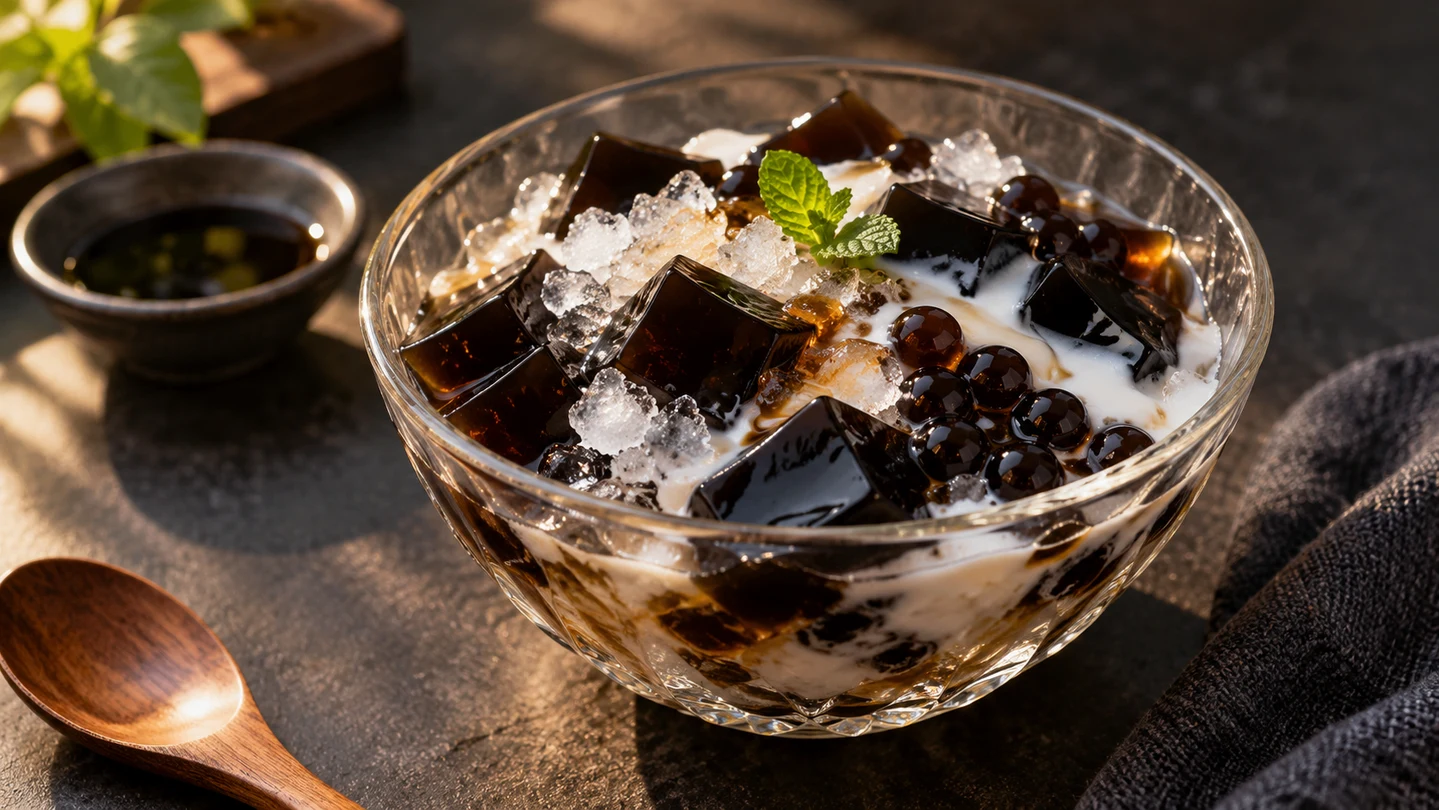 Grass jelly s drceným ledem, kokosovým mlékem a tapiokovými perlami